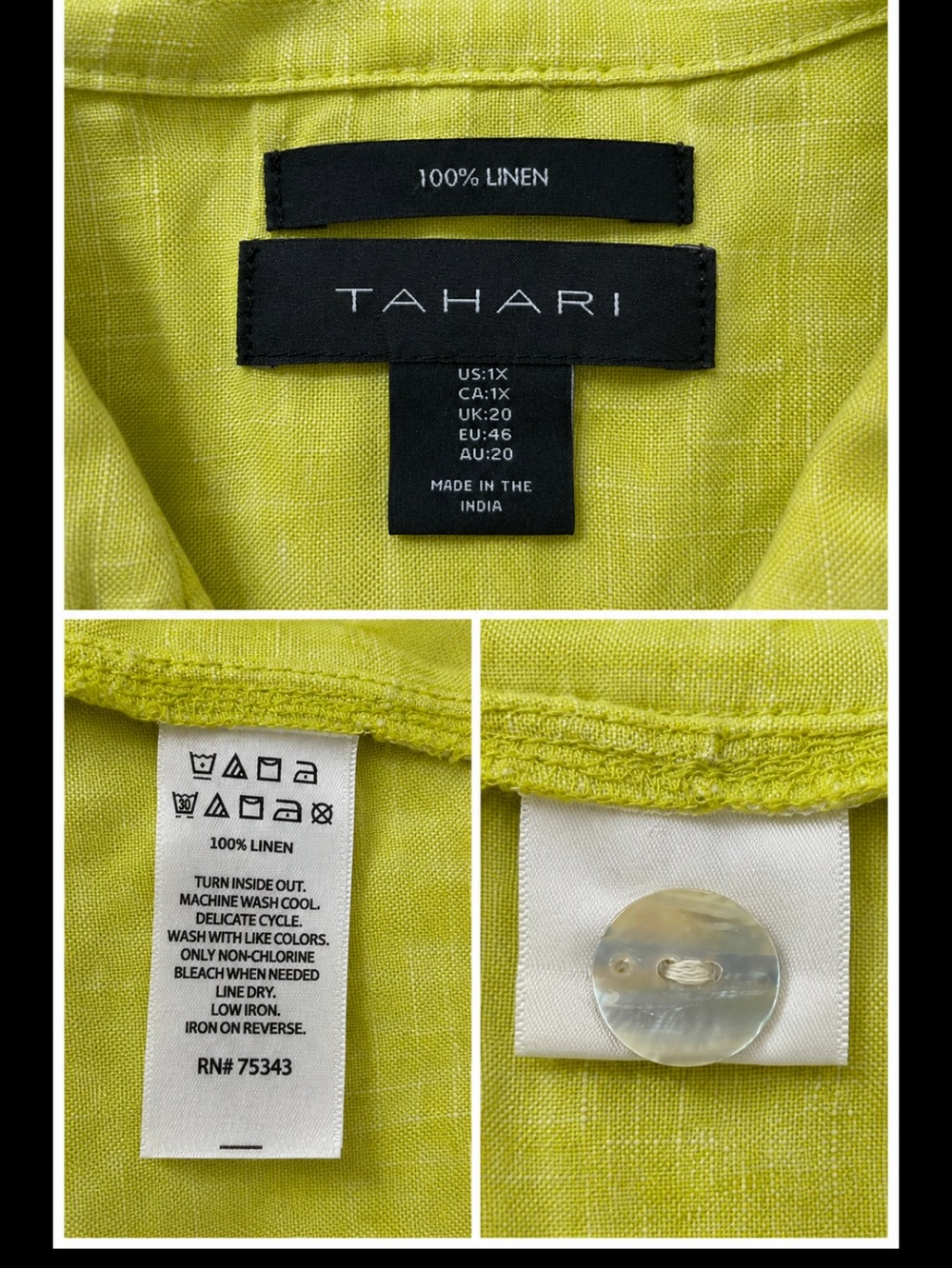 Tahari 100% Linen Lime Green Tunic Blouse 1X Mother-of-Pearl Side Slit Buttons - Picture 7 of 16